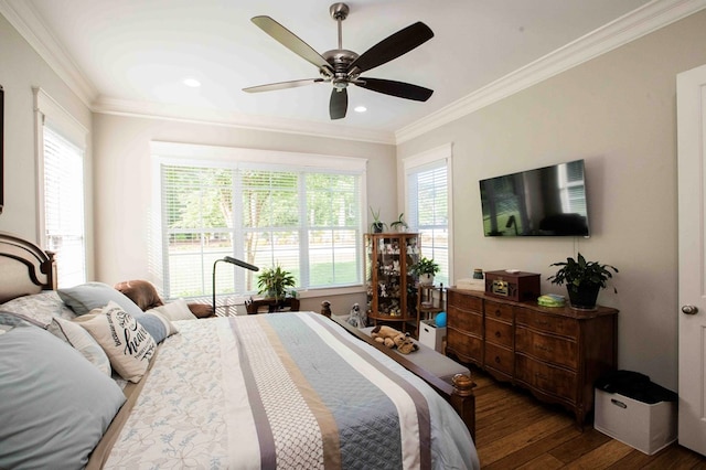 bedroom with multiple windows, crown molding, and wood finished floors