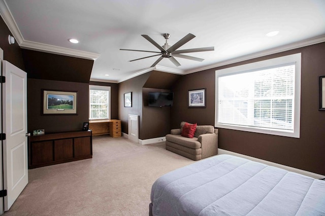 bedroom with crown molding, recessed lighting, light colored carpet, ceiling fan, and baseboards