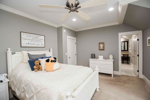 bedroom with crown molding, recessed lighting, and light colored carpet