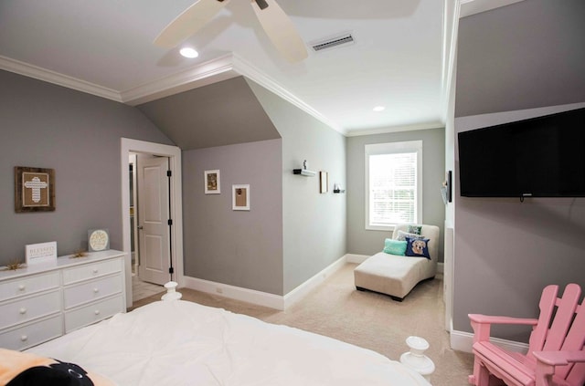 bedroom with crown molding, recessed lighting, light colored carpet, visible vents, and baseboards