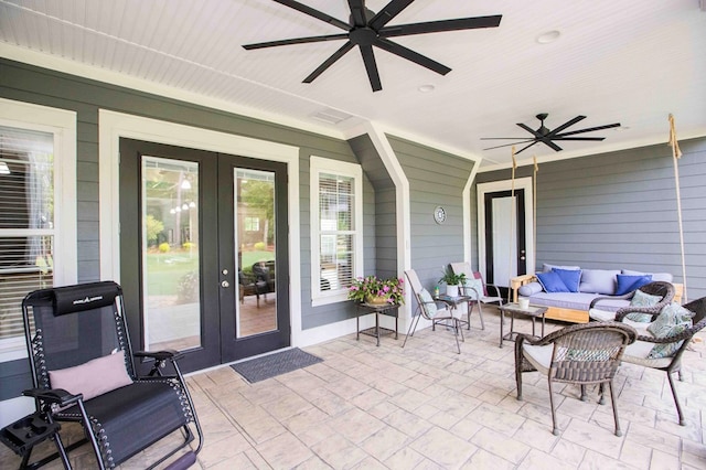 view of patio featuring a ceiling fan, french doors, and outdoor lounge area