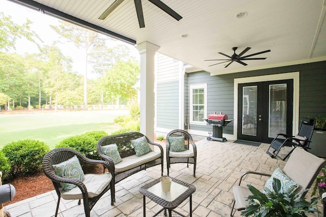 view of patio / terrace featuring french doors, an outdoor living space, a ceiling fan, and area for grilling