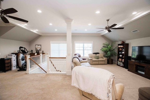 carpeted living room featuring lofted ceiling, visible vents, ornate columns, and recessed lighting