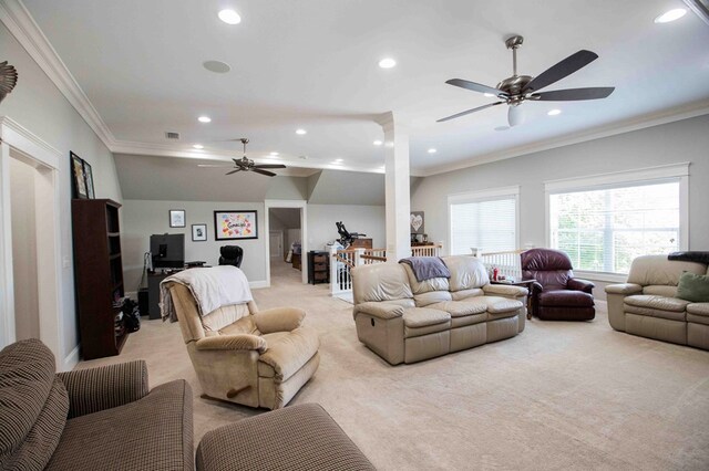 living area featuring crown molding, recessed lighting, light colored carpet, visible vents, and ceiling fan