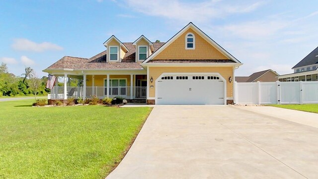 view of front of home featuring a garage, covered porch, and a front lawn