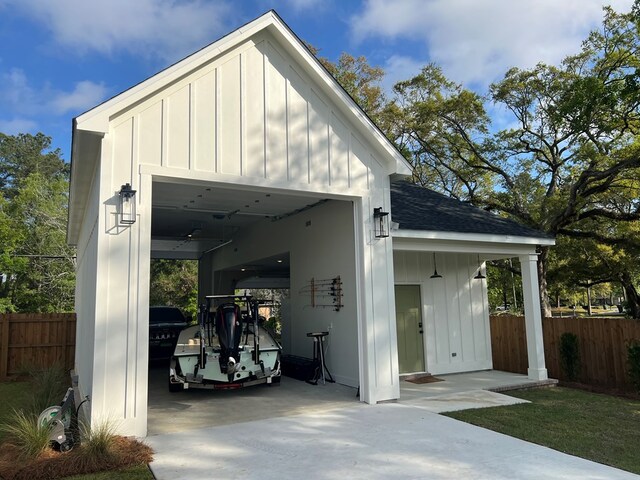 garage with fence
