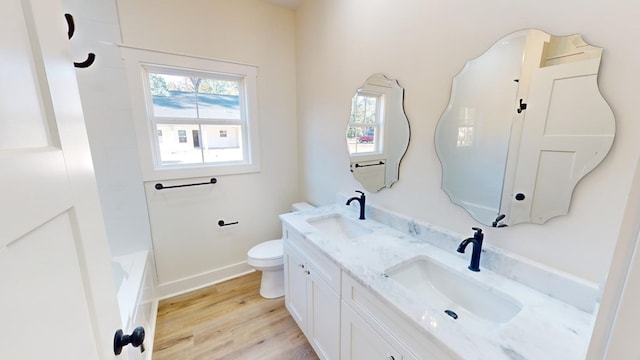 bathroom featuring wood-type flooring, toilet, a bathing tub, and vanity