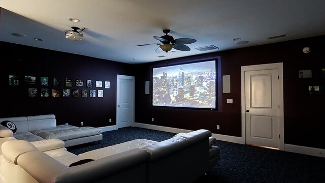 home theater with carpet floors and ceiling fan