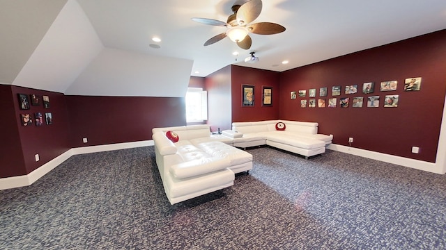 interior space with ceiling fan and lofted ceiling