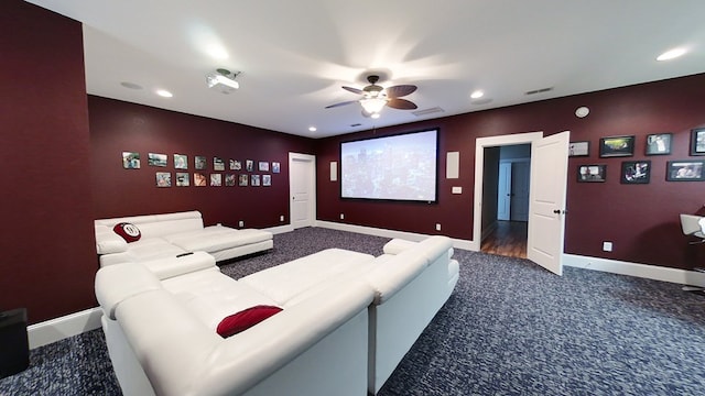 home theater room with ceiling fan