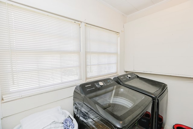 washroom with laundry area, crown molding, and washer and clothes dryer