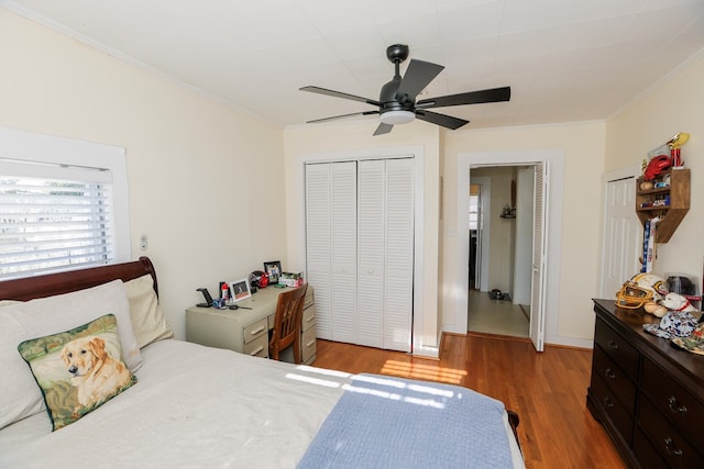 bedroom with crown molding, a closet, a ceiling fan, and light wood-style floors