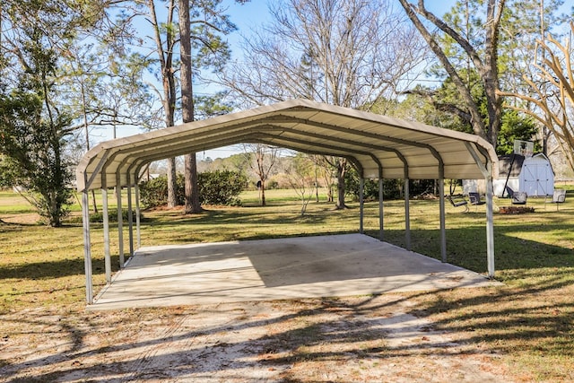 view of parking with a shed and a carport