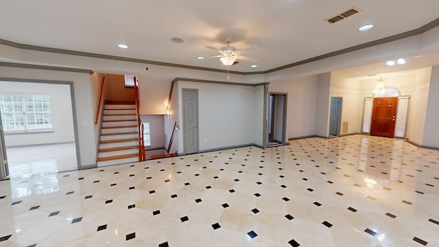 interior space with crown molding and ceiling fan