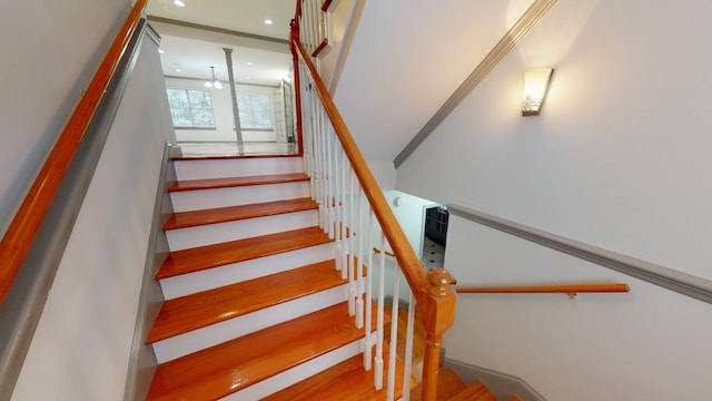 stairway featuring wood-type flooring