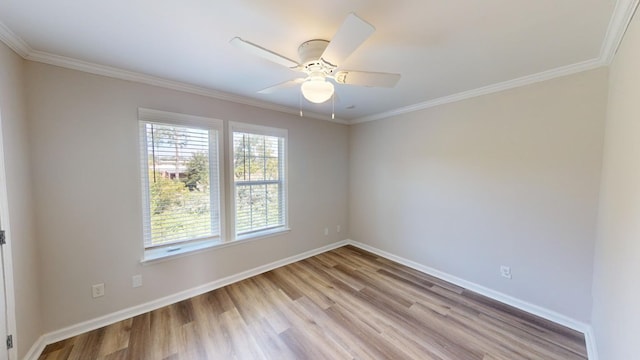 unfurnished room featuring crown molding, ceiling fan, and light hardwood / wood-style flooring