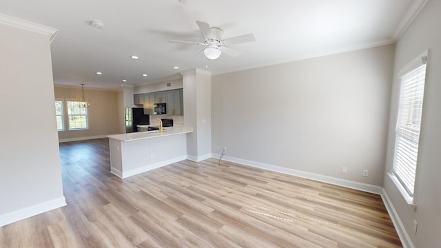 interior space with sink, crown molding, light hardwood / wood-style flooring, and ceiling fan with notable chandelier