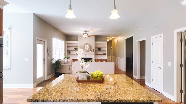 200 Sawgrass Ln, Thomasville, GA 31757 - kitchen featuring a ceiling fan, wood finished floors, decorative light fixtures, and a fireplace
