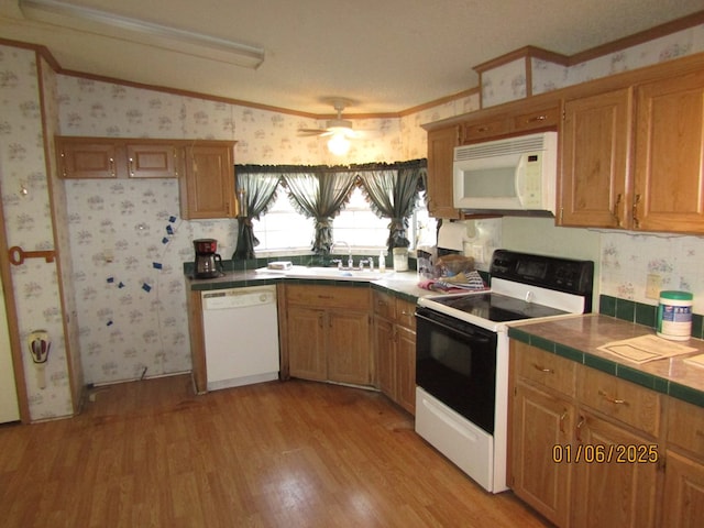 kitchen featuring sink, tile counters, white appliances, and light hardwood / wood-style flooring