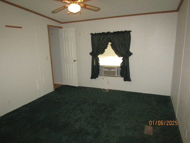 unfurnished room with crown molding, ceiling fan, carpet flooring, and cooling unit