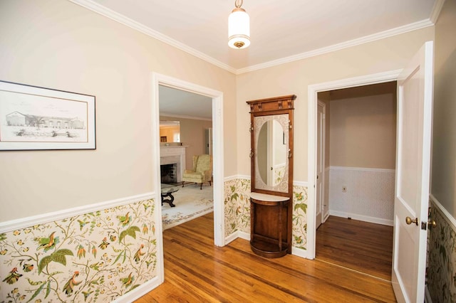 hall featuring crown molding and hardwood / wood-style floors