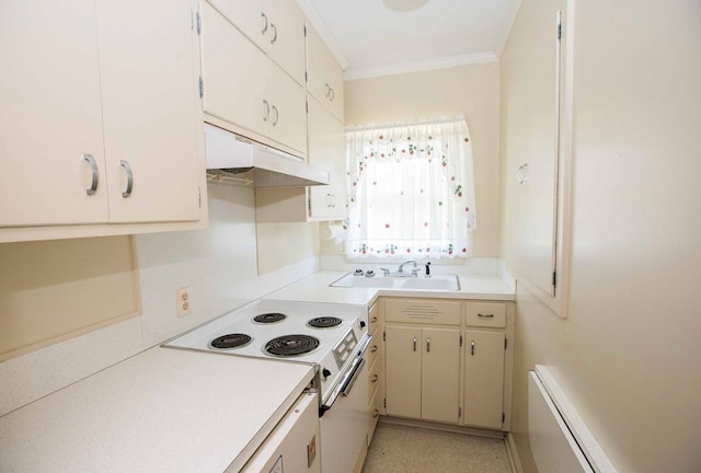 kitchen with a baseboard heating unit, sink, crown molding, and white range with electric stovetop