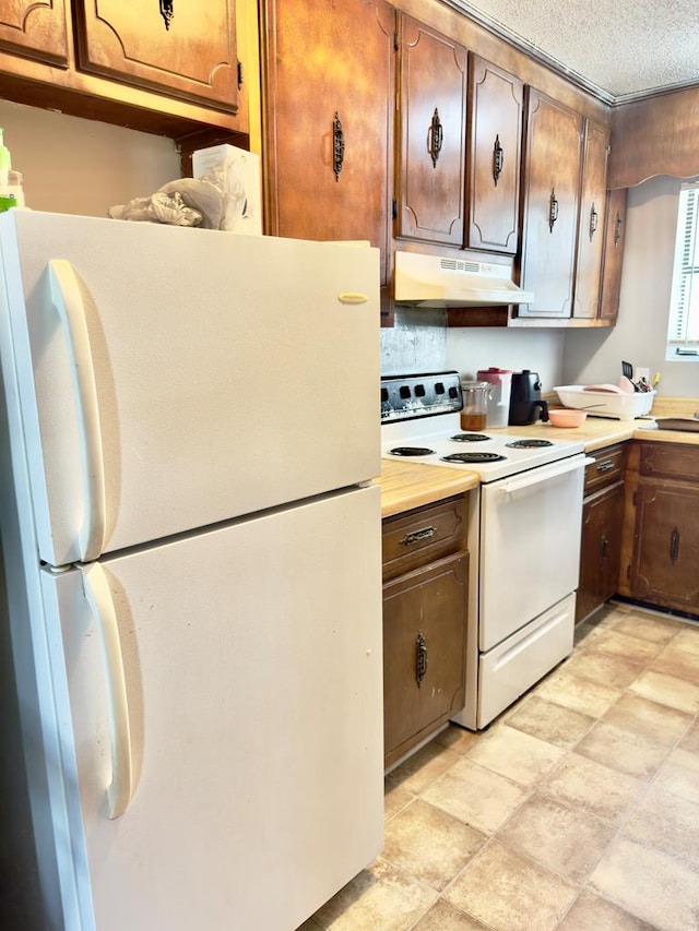 1197 Jo Ree St, Valdosta, GA 31601 - kitchen featuring white appliances, under cabinet range hood, light countertops, and a textured ceiling