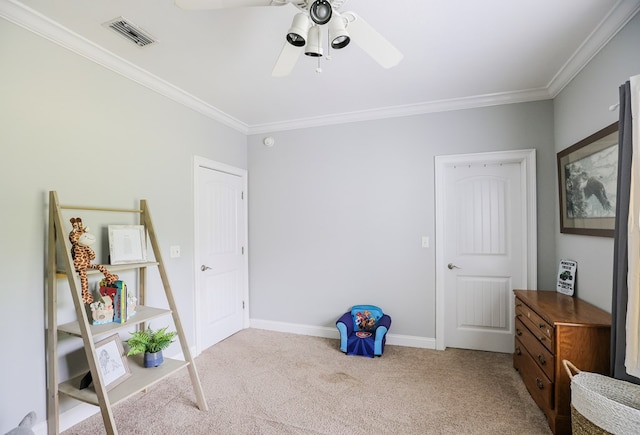 351 Virginia Cir, Cairo, GA 39828 - rec room featuring carpet flooring, ornamental molding, baseboards, and a ceiling fan