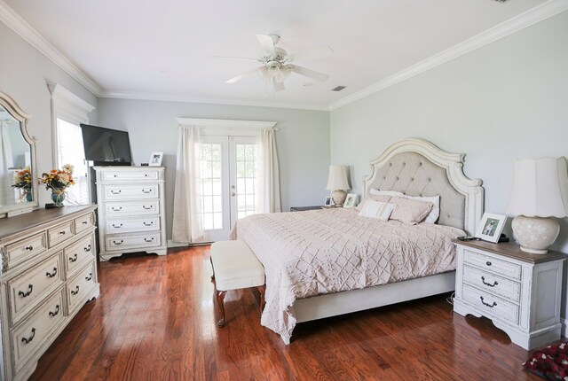 351 Virginia Cir, Cairo, GA 39828 - bedroom featuring access to exterior, ornamental molding, dark wood-type flooring, and a ceiling fan