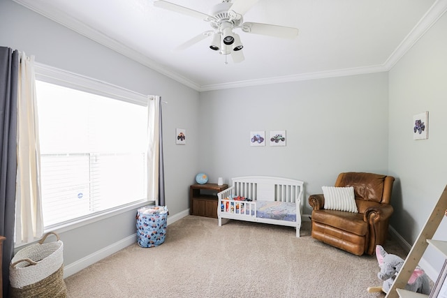 351 Virginia Cir, Cairo, GA 39828 - bedroom featuring ornamental molding, carpet, baseboards, a crib, and a ceiling fan