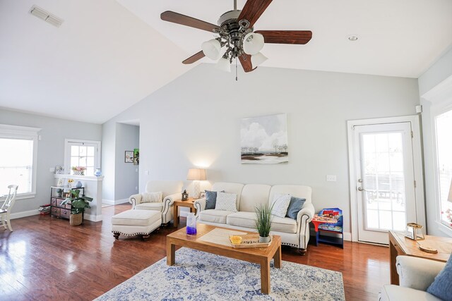 351 Virginia Cir, Cairo, GA 39828 - living room with ceiling fan, wood finished floors, high vaulted ceiling, and baseboards