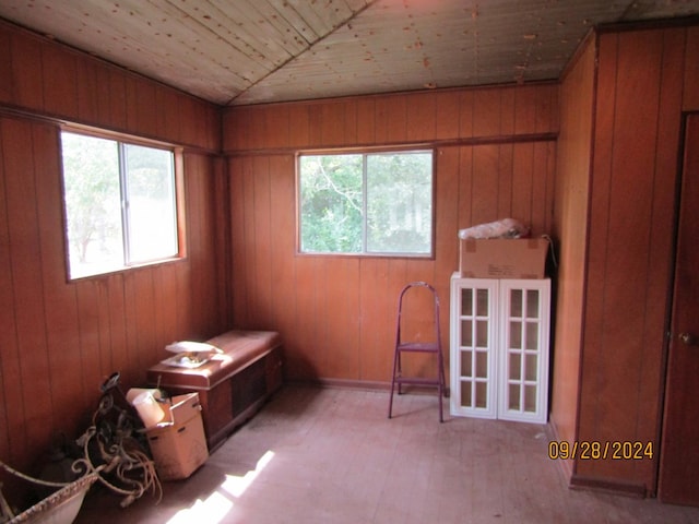 miscellaneous room featuring lofted ceiling, light wood-type flooring, wooden ceiling, and wood walls