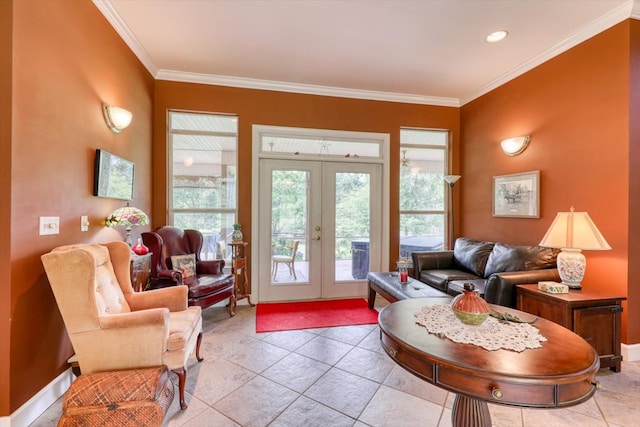 233 Fox Meadow Ln, Thomasville, GA 31757 - living room with french doors, crown molding, baseboards, and light tile patterned floors