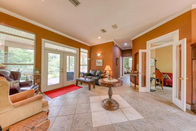 233 Fox Meadow Ln, Thomasville, GA 31757 - living room with french doors, ornamental molding, light tile patterned flooring, recessed lighting, and baseboards