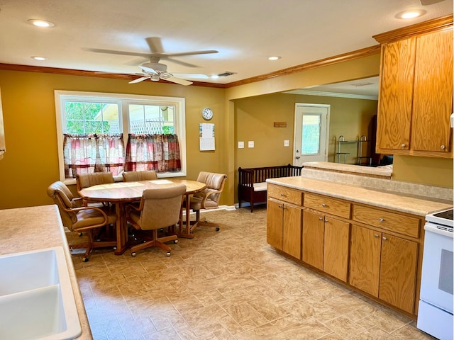 618 Harmony Rd, Pelham, GA 31779 - kitchen with white electric stove, ornamental molding, healthy amount of natural light, ceiling fan, and light countertops