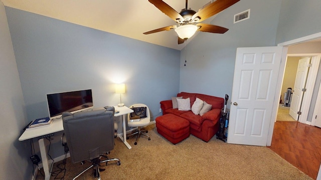 106 Hayden Way, Thomasville, GA 31792 - office space with vaulted ceiling, a ceiling fan, carpet floors, and baseboards