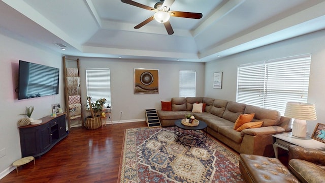 106 Hayden Way, Thomasville, GA 31792 - living area with a raised ceiling, plenty of natural light, ceiling fan, and baseboards