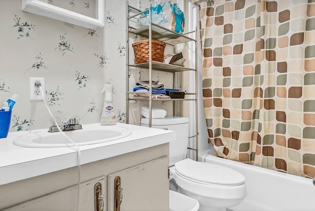 full bathroom with vanity, shower / bathtub combination with curtain, and toilet