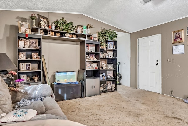 living area with crown molding, vaulted ceiling, carpet, and a textured ceiling