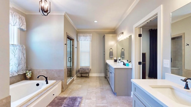 bathroom with vanity, shower with separate bathtub, crown molding, and tile patterned floors