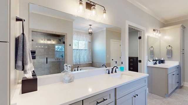 bathroom featuring vanity, plus walk in shower, and crown molding