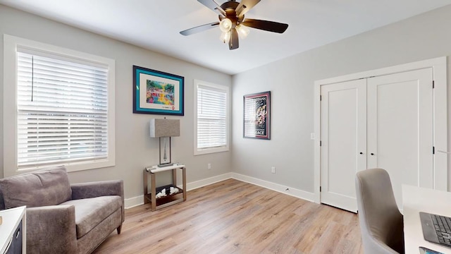 office with ceiling fan and light hardwood / wood-style flooring