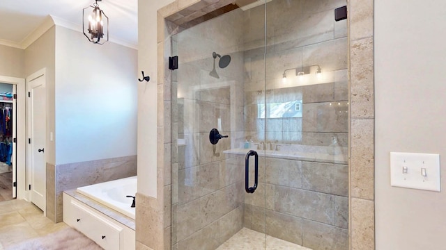 bathroom featuring independent shower and bath and crown molding