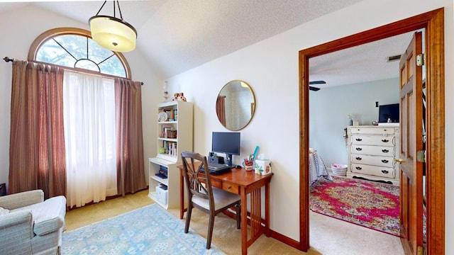 office space with carpet floors, vaulted ceiling, and a textured ceiling