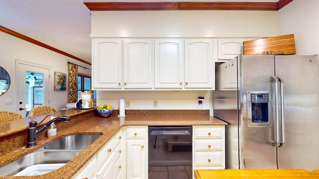 kitchen with black dishwasher, crown molding, stainless steel refrigerator with ice dispenser, white cabinets, and a sink