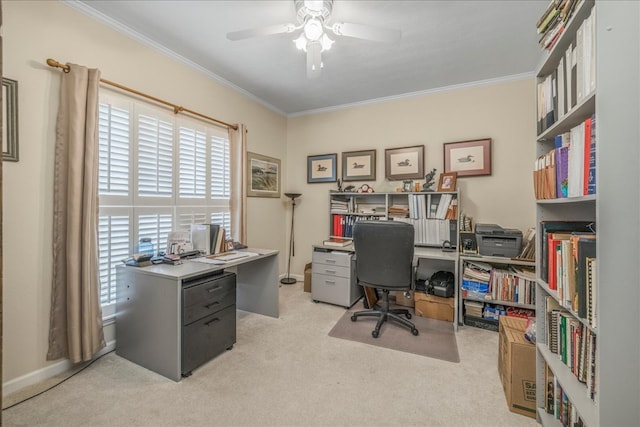 office space featuring a ceiling fan, carpet, crown molding, and baseboards