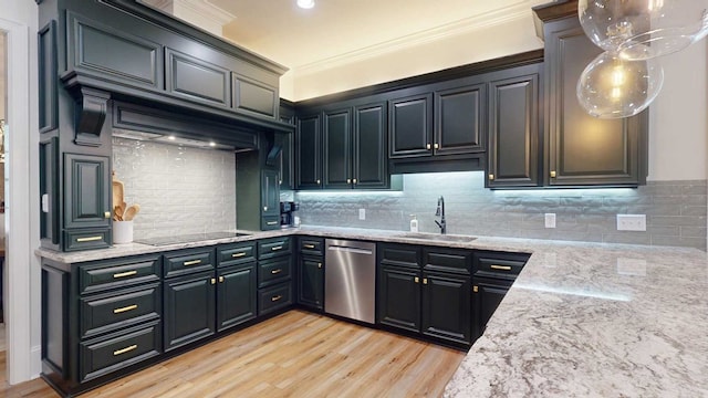 7827 Metcalf Rd, Thomasville, GA 31792 - kitchen with stainless steel dishwasher, black electric cooktop, ornamental molding, light stone countertops, and light wood-style flooring