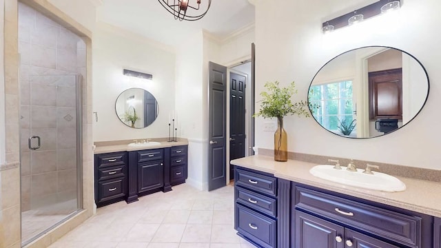 7827 Metcalf Rd, Thomasville, GA 31792 - full bathroom featuring two vanities, a shower stall, tile patterned floors, and crown molding