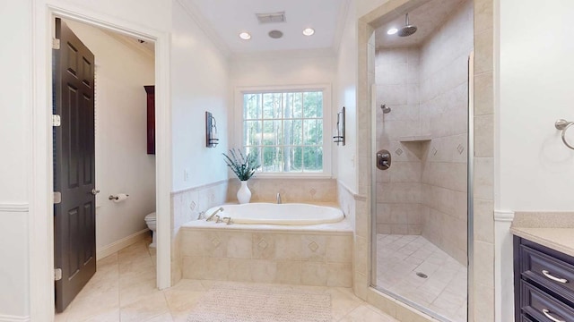 7827 Metcalf Rd, Thomasville, GA 31792 - full bath featuring a stall shower, a garden tub, tile patterned floors, vanity, and ornamental molding