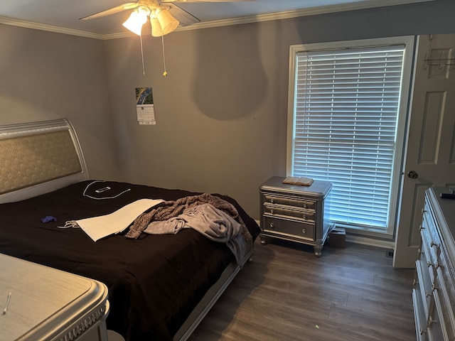 bedroom with dark hardwood / wood-style flooring, ornamental molding, and ceiling fan